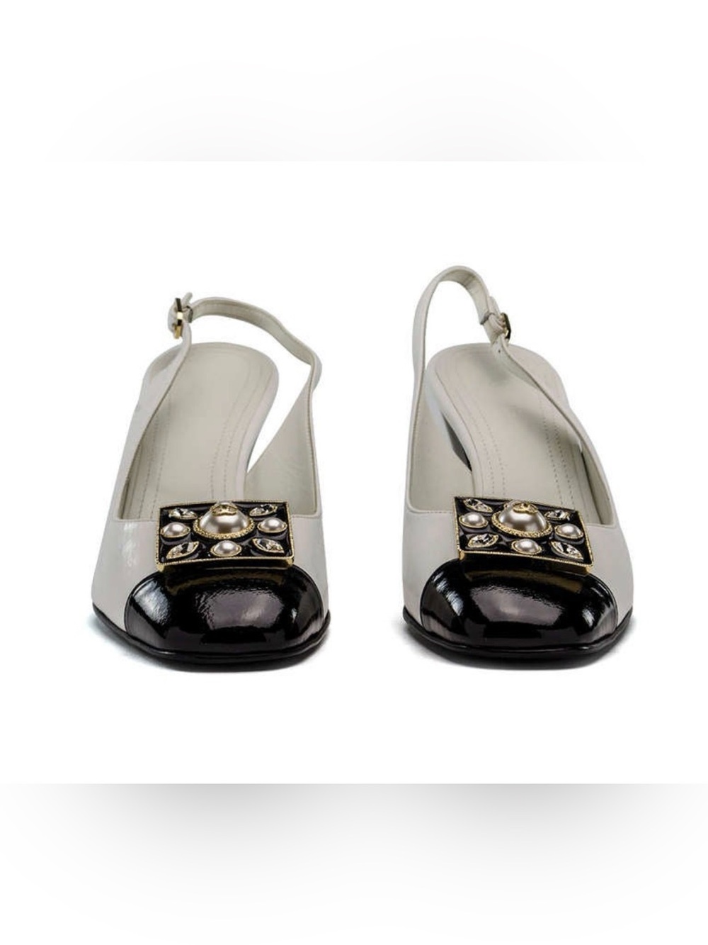 Vintage CHANEL White and Black Slingback Heels with Decorative CC Logo Brooches